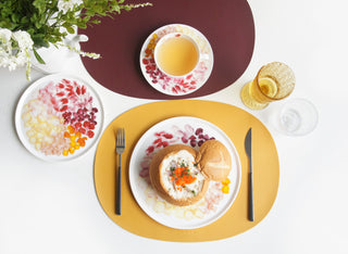 Deco Oval Placemats Yellow & Burgundy Lifestyle Photo